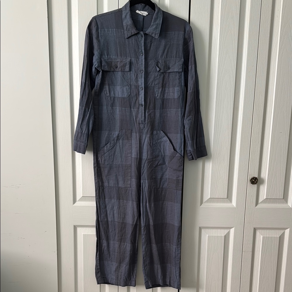 Stylish plaid blue long sleeved Gray Jumpsuit